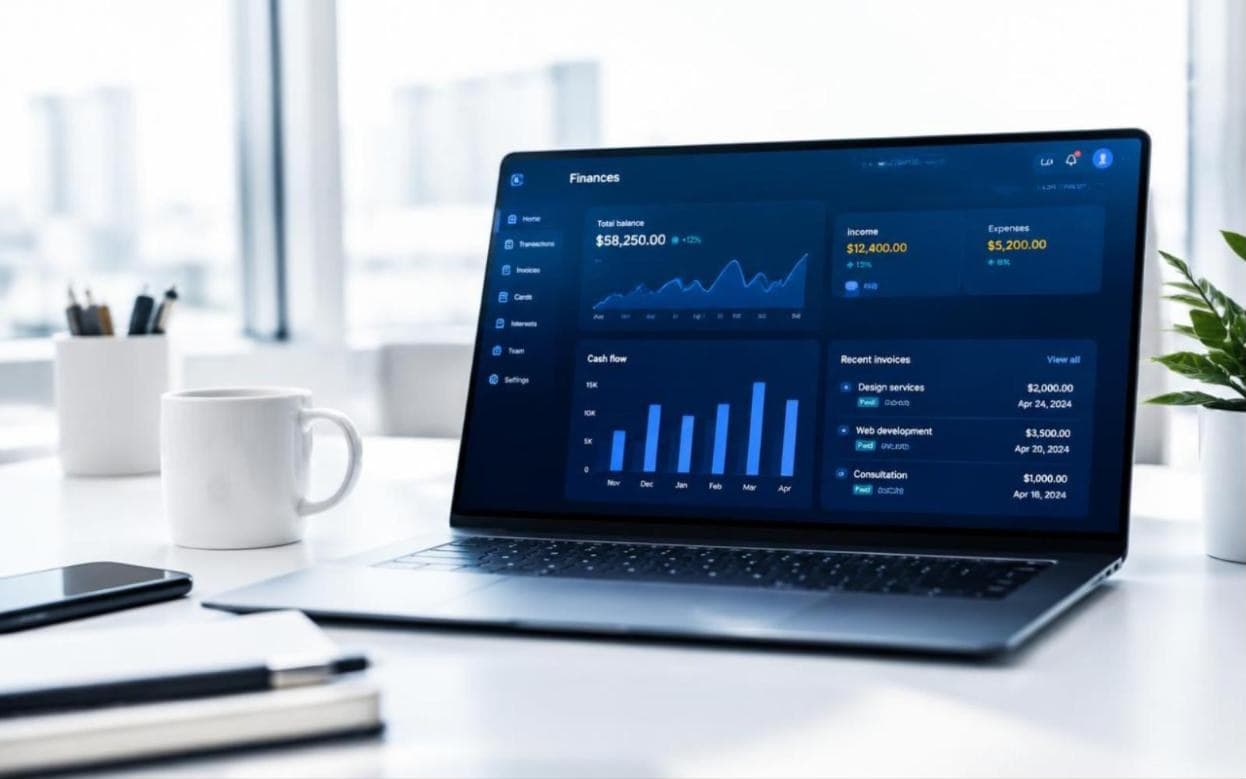 Financy finance dashboard showing cash flow, balances and invoices on a laptop
